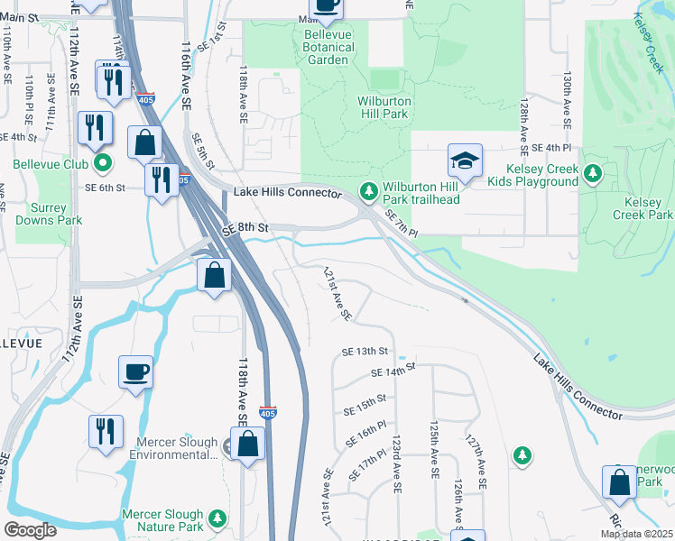 map of restaurants, bars, coffee shops, grocery stores, and more near 12122 Southeast 9th Place in Bellevue
