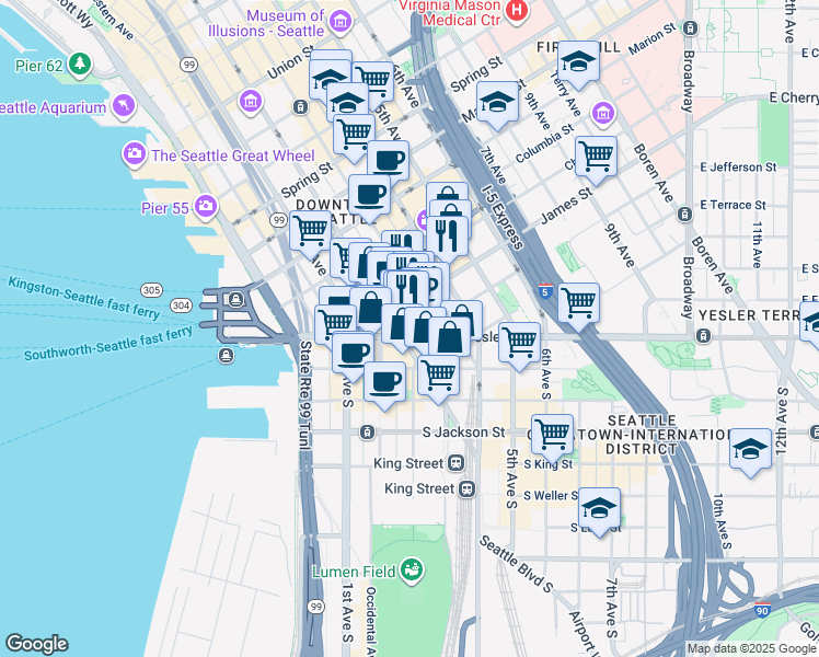 map of restaurants, bars, coffee shops, grocery stores, and more near in Seattle
