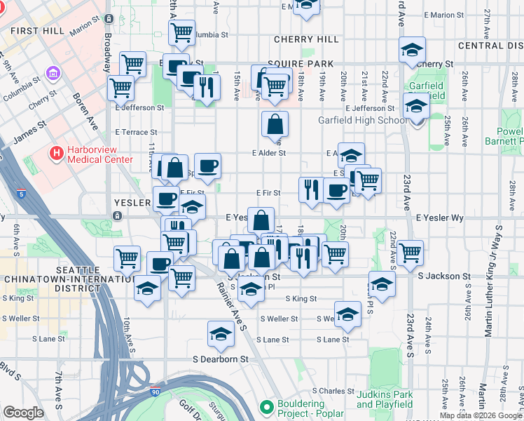 map of restaurants, bars, coffee shops, grocery stores, and more near 106 16th Avenue in Seattle