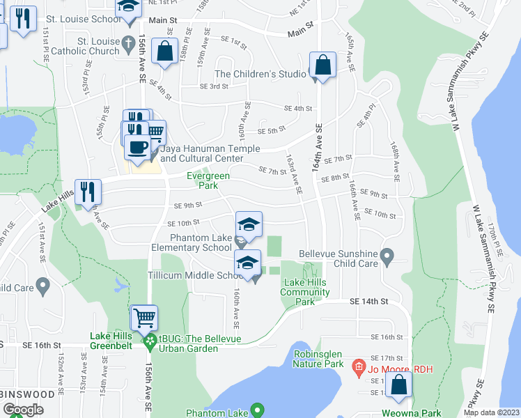 map of restaurants, bars, coffee shops, grocery stores, and more near 16043 Southeast 9th Street in Bellevue