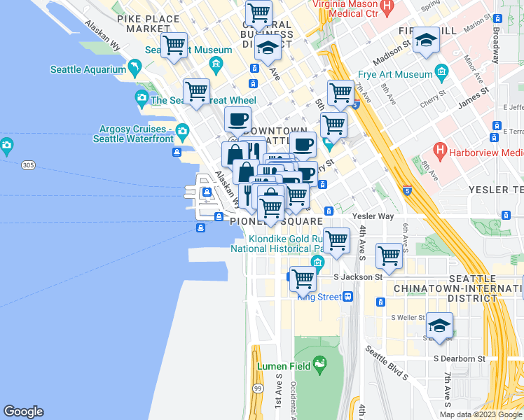 map of restaurants, bars, coffee shops, grocery stores, and more near 620 Western Avenue in Seattle