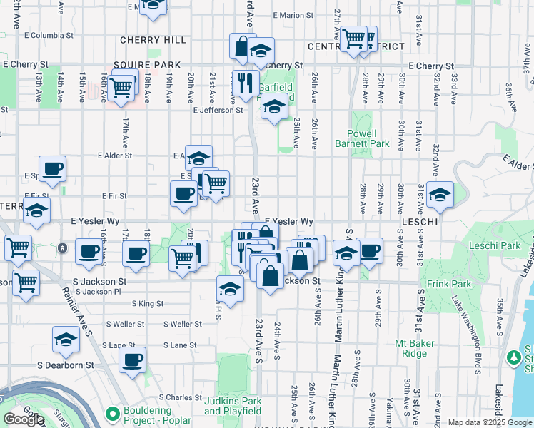 map of restaurants, bars, coffee shops, grocery stores, and more near 2300 East Yesler Way in Seattle