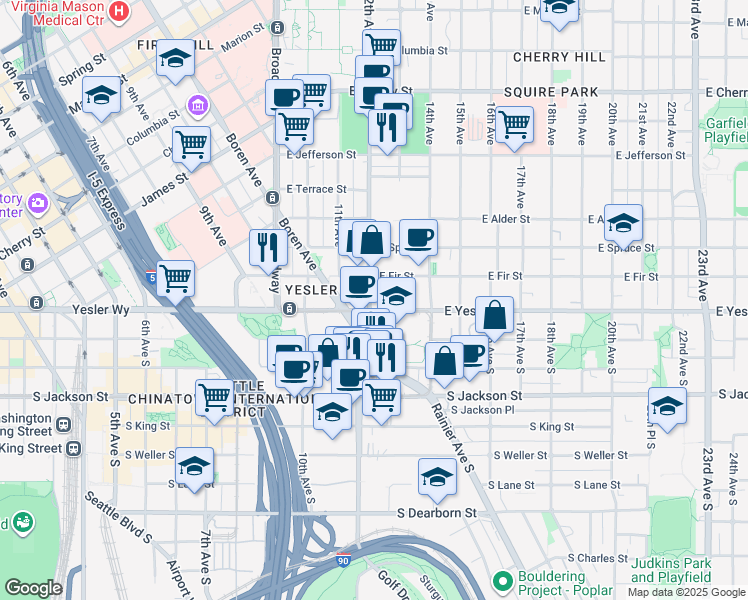 map of restaurants, bars, coffee shops, grocery stores, and more near 104 12th Avenue in Seattle