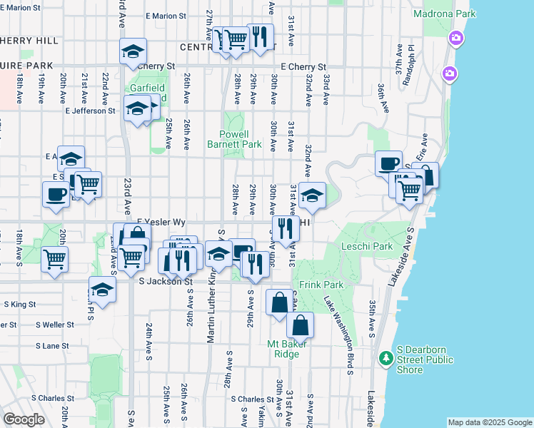 map of restaurants, bars, coffee shops, grocery stores, and more near 109 30th Avenue in Seattle