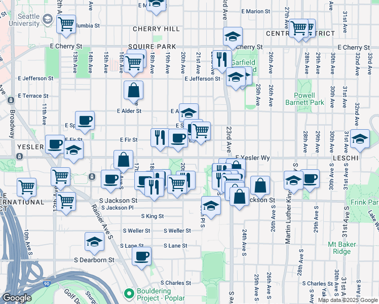 map of restaurants, bars, coffee shops, grocery stores, and more near 129 21st Avenue in Seattle