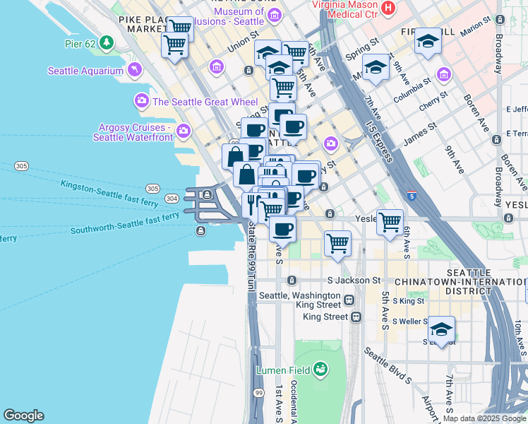 map of restaurants, bars, coffee shops, grocery stores, and more near 620 Western Avenue in Seattle