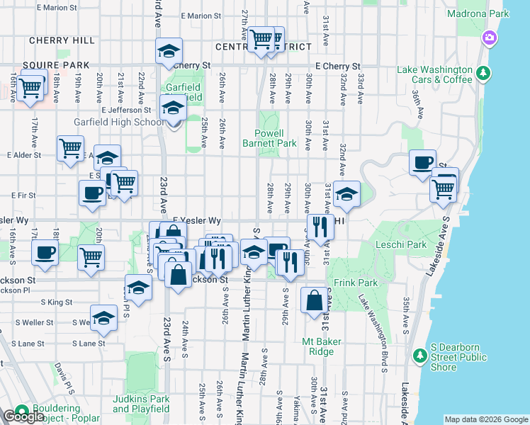 map of restaurants, bars, coffee shops, grocery stores, and more near 100 Martin Luther King Junior Way in Seattle