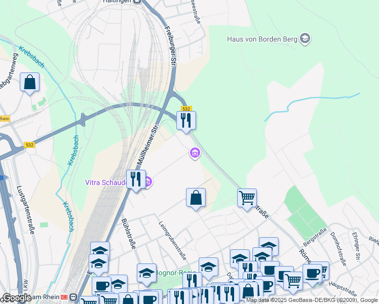 map of restaurants, bars, coffee shops, grocery stores, and more near 1 Charles-Eames-Straße in Weil am Rhein
