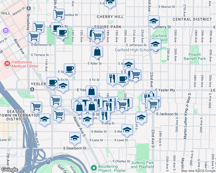 map of restaurants, bars, coffee shops, grocery stores, and more near 128 18th Avenue in Seattle