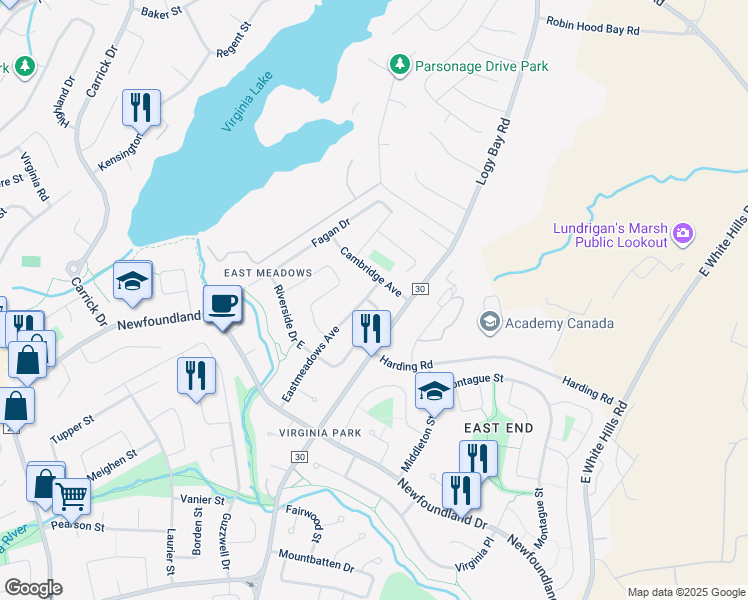map of restaurants, bars, coffee shops, grocery stores, and more near 40 East Meadows Crescent in St. John's