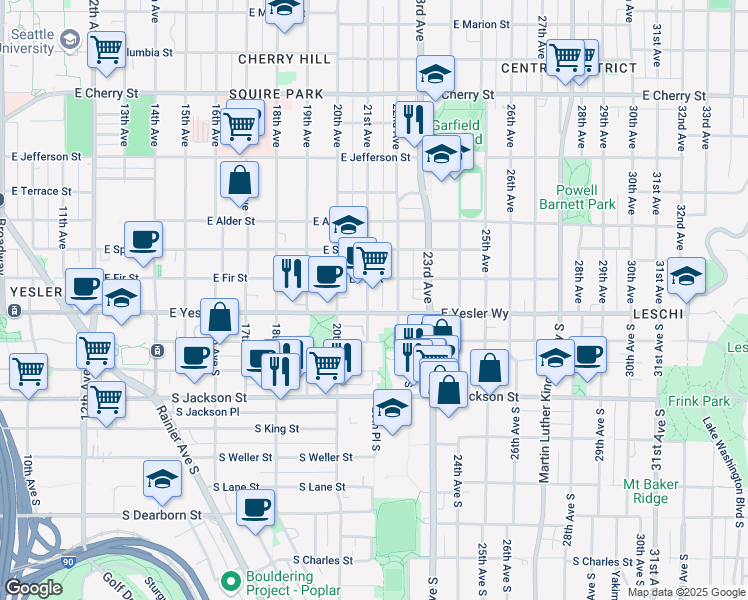 map of restaurants, bars, coffee shops, grocery stores, and more near 129 21st Avenue in Seattle