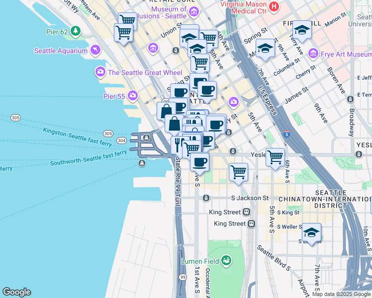 map of restaurants, bars, coffee shops, grocery stores, and more near 620 Western Avenue in Seattle