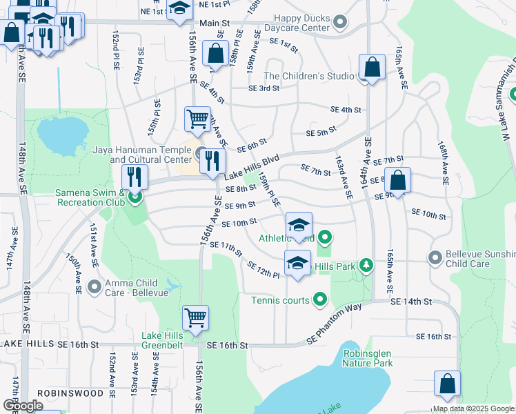 map of restaurants, bars, coffee shops, grocery stores, and more near 15659 Southeast 9th Street in Bellevue