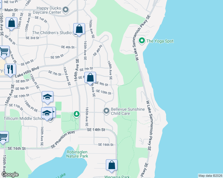 map of restaurants, bars, coffee shops, grocery stores, and more near 935 168th Place Southeast in Bellevue