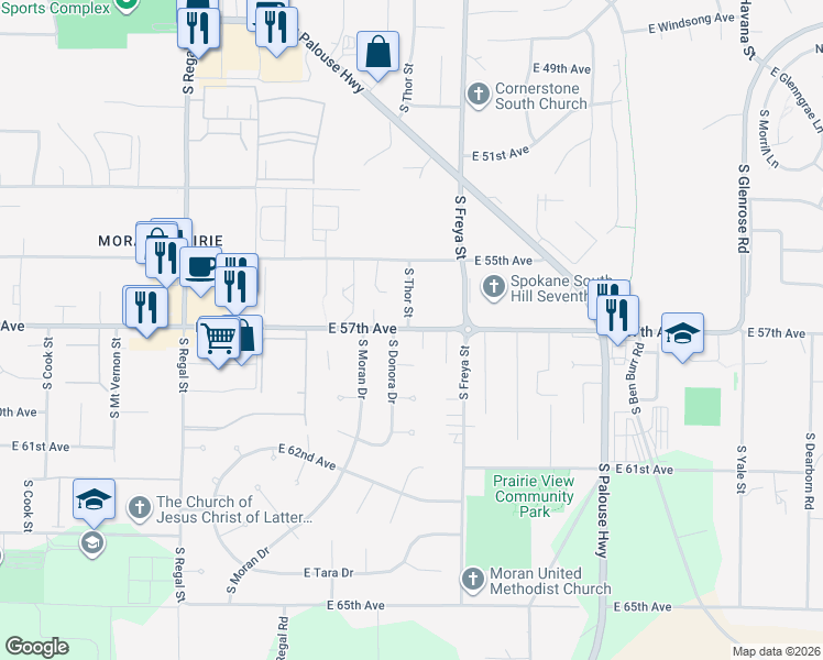 map of restaurants, bars, coffee shops, grocery stores, and more near 5624 South Thor Street in Spokane