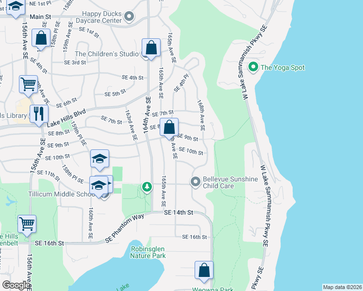 map of restaurants, bars, coffee shops, grocery stores, and more near 16623 Southeast 9th Street in Bellevue