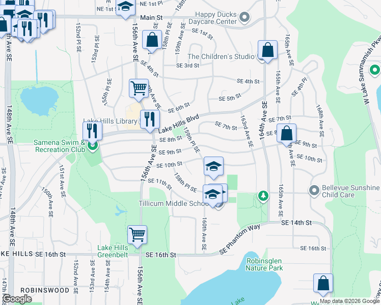 map of restaurants, bars, coffee shops, grocery stores, and more near 15907 Southeast 9th Street in Bellevue