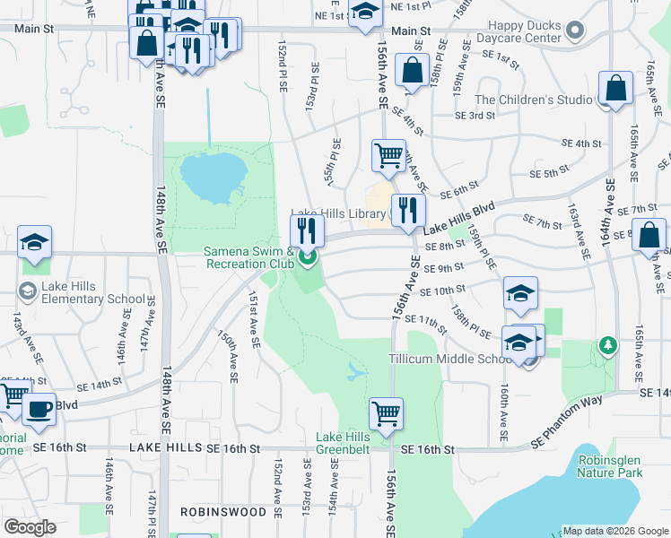 map of restaurants, bars, coffee shops, grocery stores, and more near 15419 Southeast 8th Street in Bellevue
