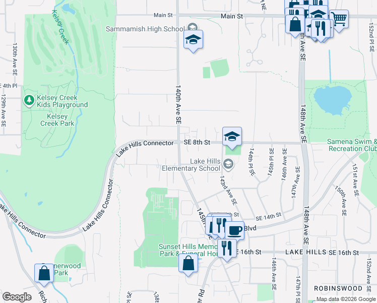 map of restaurants, bars, coffee shops, grocery stores, and more near 802 141st Place Southeast in Bellevue