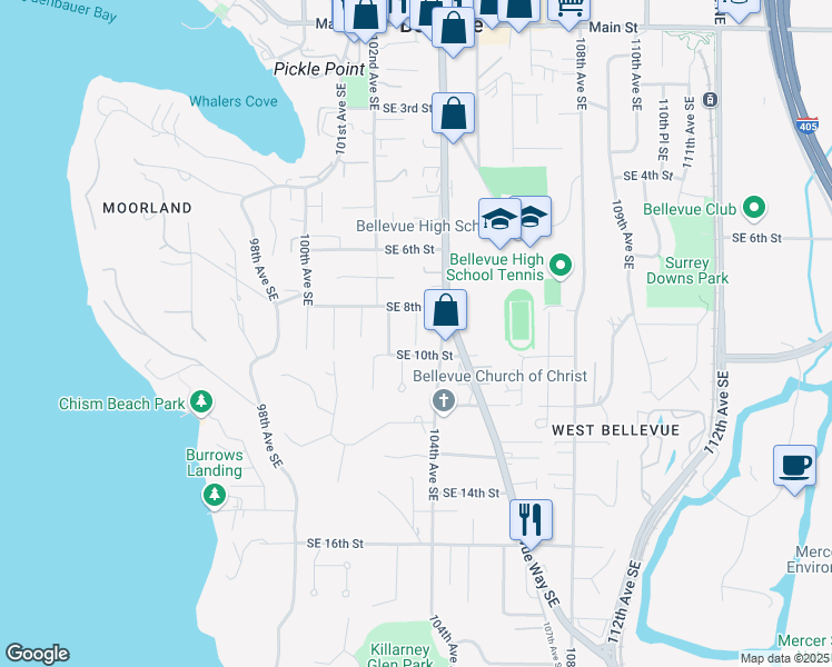 map of restaurants, bars, coffee shops, grocery stores, and more near 820 103rd Avenue Southeast in Bellevue