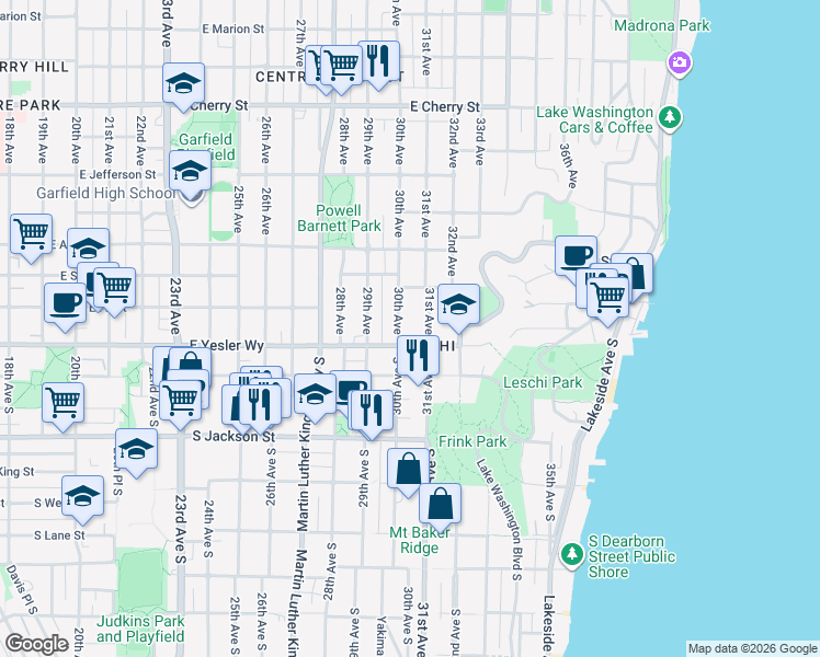 map of restaurants, bars, coffee shops, grocery stores, and more near 128 30th Avenue in Seattle