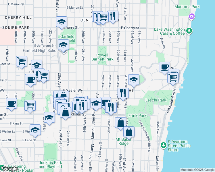 map of restaurants, bars, coffee shops, grocery stores, and more near 127 29th Avenue in Seattle