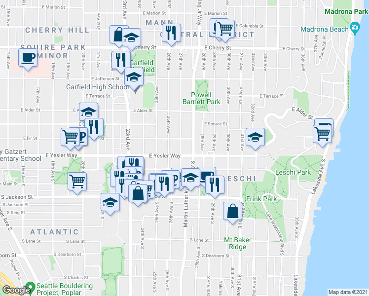 map of restaurants, bars, coffee shops, grocery stores, and more near 125 27th Avenue in Seattle