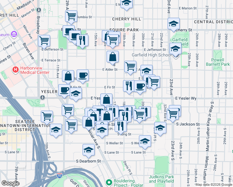 map of restaurants, bars, coffee shops, grocery stores, and more near 150 17th Avenue in Seattle