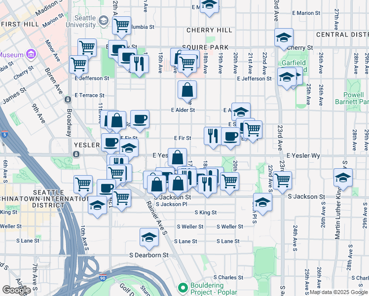 map of restaurants, bars, coffee shops, grocery stores, and more near 124 16th Avenue in Seattle