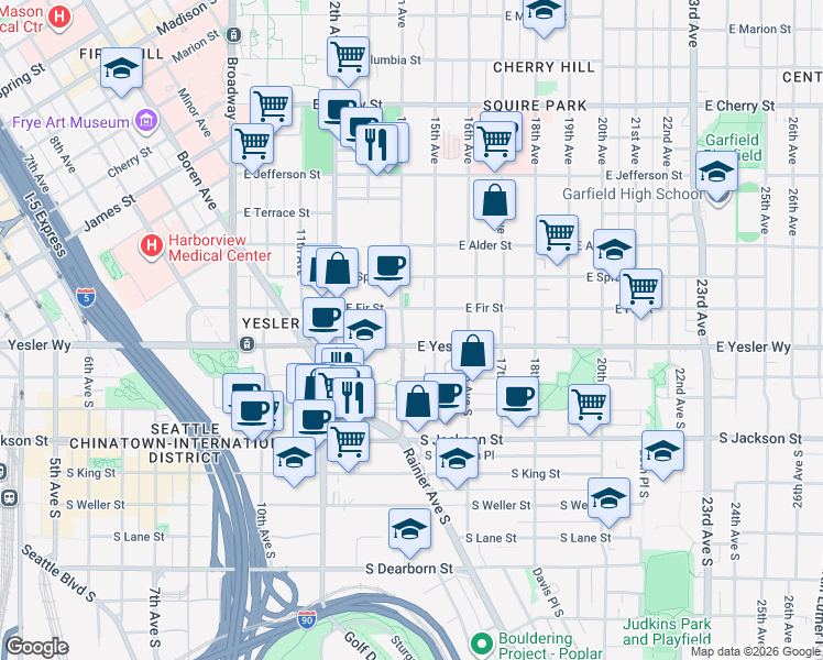 map of restaurants, bars, coffee shops, grocery stores, and more near 1305 East Fir Street in Seattle