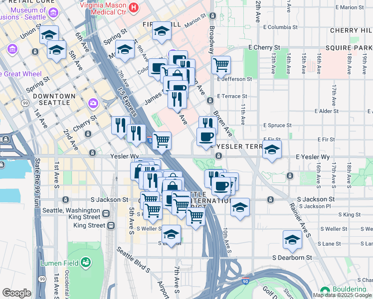 map of restaurants, bars, coffee shops, grocery stores, and more near 209 9th Avenue in Seattle