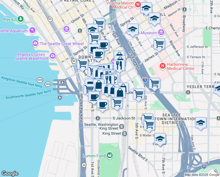 map of restaurants, bars, coffee shops, grocery stores, and more near None in Seattle