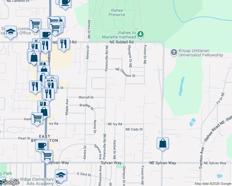 map of restaurants, bars, coffee shops, grocery stores, and more near 4101 Olympus Drive Northeast in Bremerton