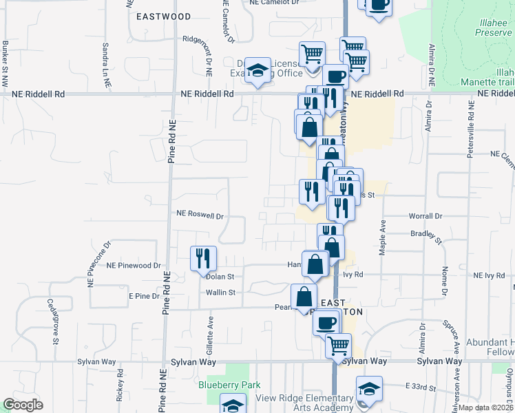 map of restaurants, bars, coffee shops, grocery stores, and more near 4195 Wheaton Way in Bremerton