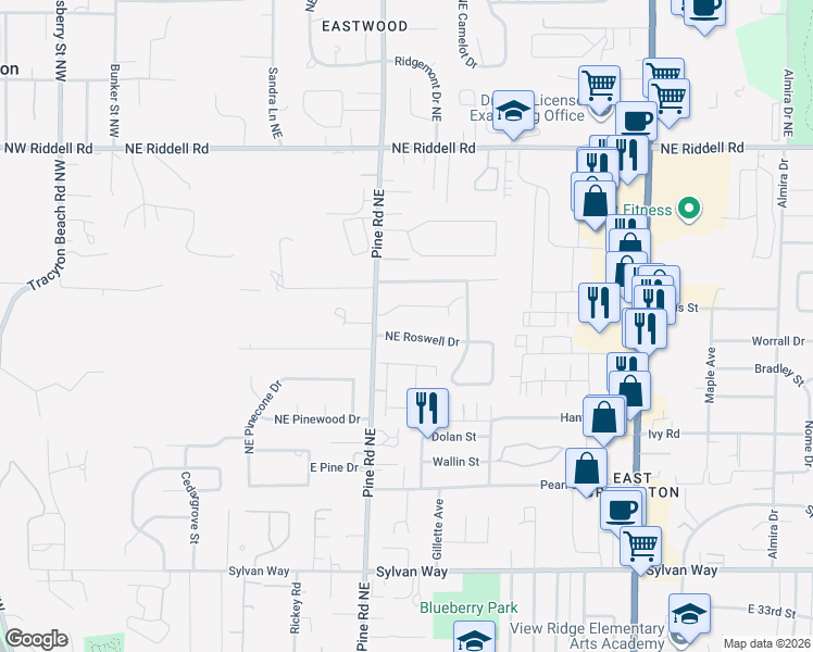map of restaurants, bars, coffee shops, grocery stores, and more near 623 Northeast Flagstone Lane in Bremerton