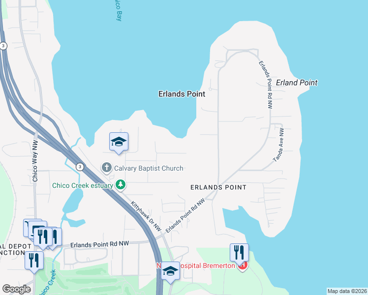 map of restaurants, bars, coffee shops, grocery stores, and more near 3734 Northwest Linden Lane in Bremerton