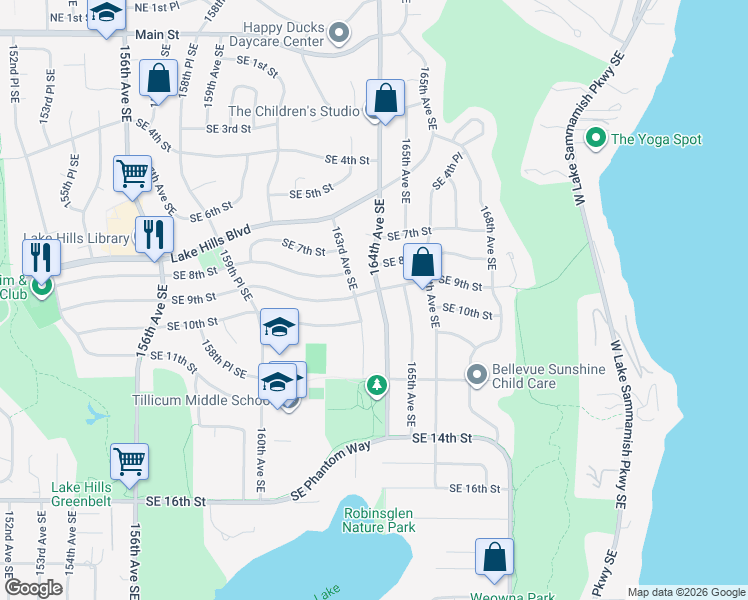 map of restaurants, bars, coffee shops, grocery stores, and more near 16317 Southeast 9th Street in Bellevue