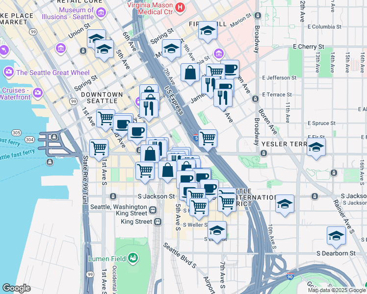 map of restaurants, bars, coffee shops, grocery stores, and more near 300 5th Avenue in Seattle