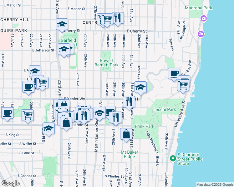 map of restaurants, bars, coffee shops, grocery stores, and more near 127 29th Avenue in Seattle