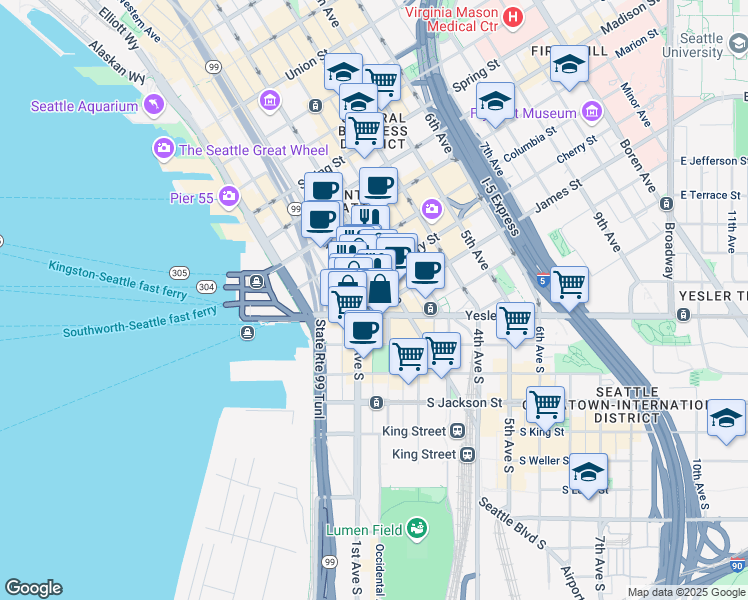 map of restaurants, bars, coffee shops, grocery stores, and more near 701 2nd Avenue in Seattle