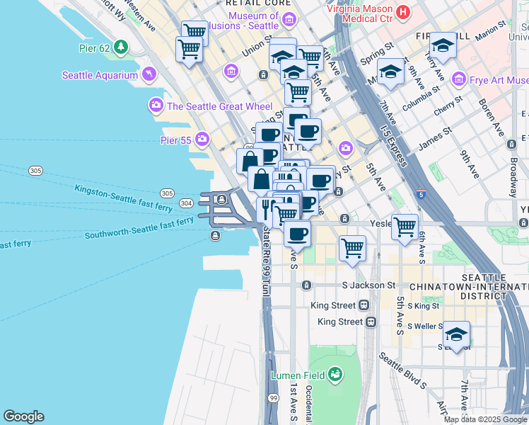 map of restaurants, bars, coffee shops, grocery stores, and more near 620 Western Avenue in Seattle
