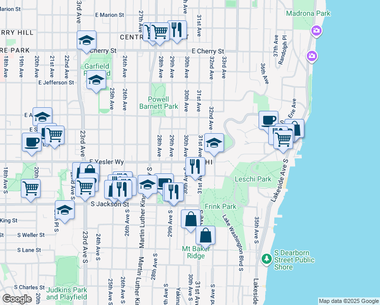 map of restaurants, bars, coffee shops, grocery stores, and more near 128 30th Avenue in Seattle