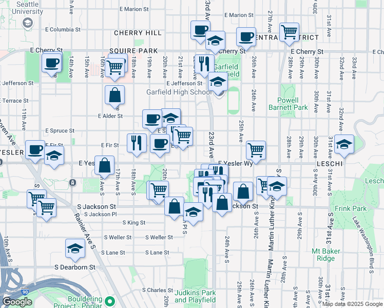 map of restaurants, bars, coffee shops, grocery stores, and more near 127 East Fir Street in Seattle