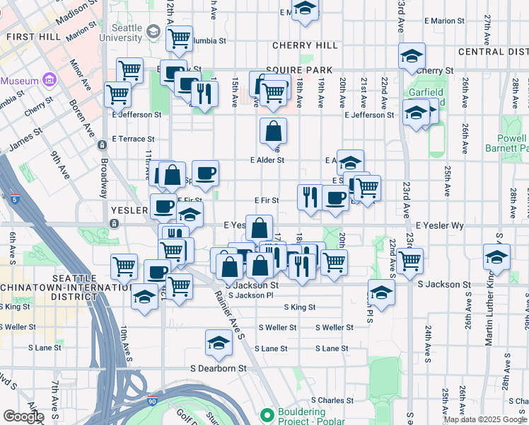 map of restaurants, bars, coffee shops, grocery stores, and more near 124 16th Avenue in Seattle