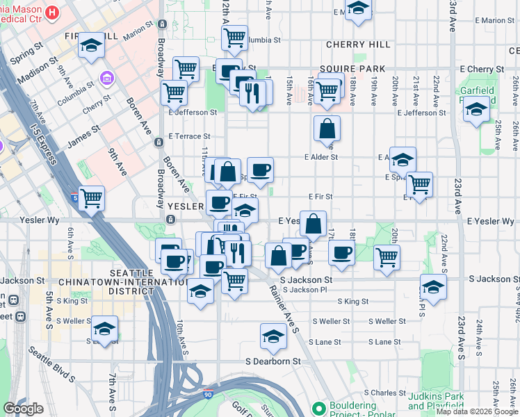 map of restaurants, bars, coffee shops, grocery stores, and more near 1305 East Fir Street in Seattle