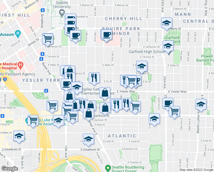 map of restaurants, bars, coffee shops, grocery stores, and more near 124 16th Avenue in Seattle
