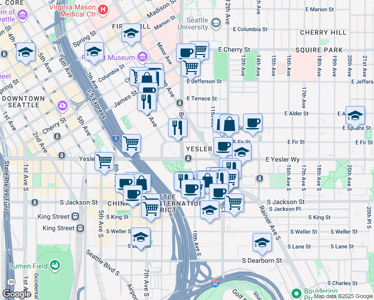map of restaurants, bars, coffee shops, grocery stores, and more near 120 Broadway in Seattle