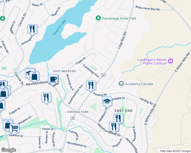 map of restaurants, bars, coffee shops, grocery stores, and more near 5 Cambridge Avenue in St. John's