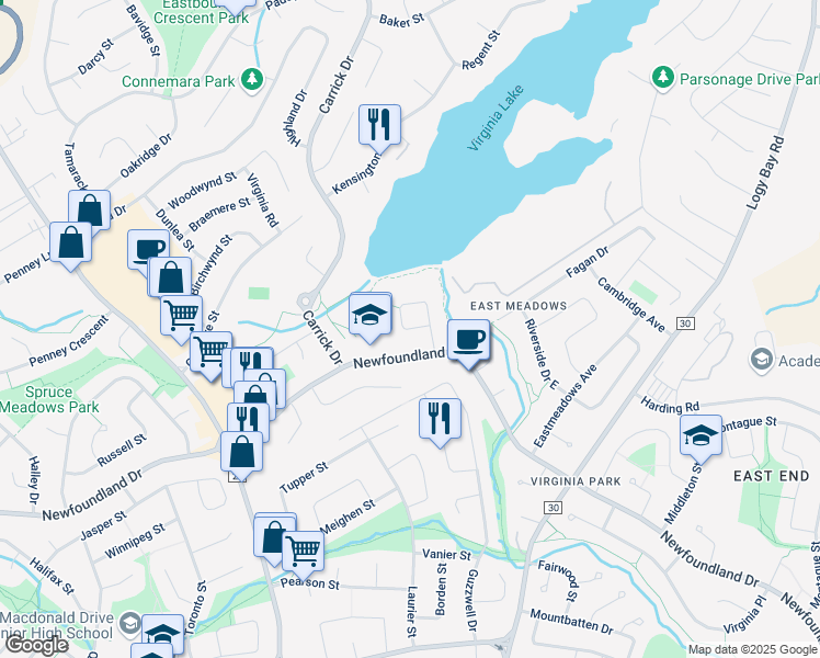 map of restaurants, bars, coffee shops, grocery stores, and more near Rigolet Crescent in St. John's