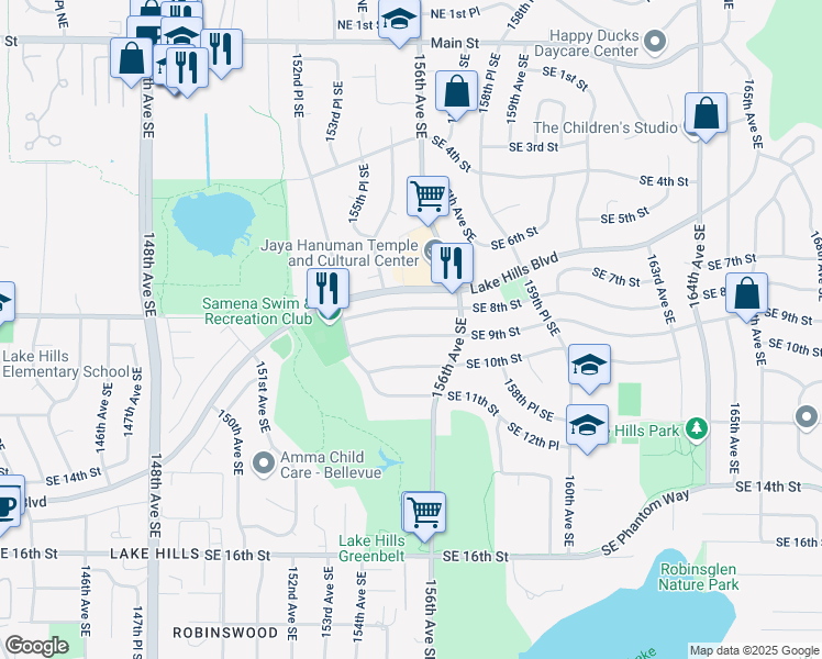 map of restaurants, bars, coffee shops, grocery stores, and more near 15510 Southeast 9th Street in Bellevue